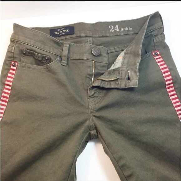 J. Crew "Toothpick Ankle" Army Green Jeans w/Tux Stripe sz.24 MSRP $128 - Picture 5 of 6